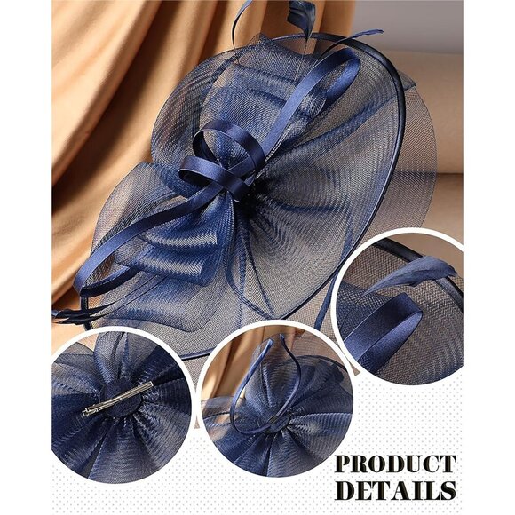 Women Bow Derby Hat Polyester Navy Blue Elegant Fashion Event Accessory main image 4
